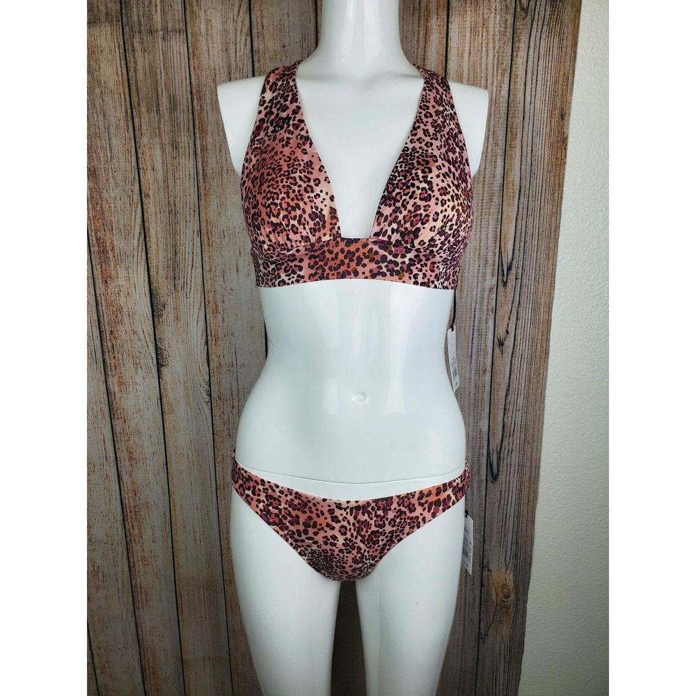 Shade & Shore Pink Leopard Bikini Set Halter Top Bottoms XS 0-2 NWT